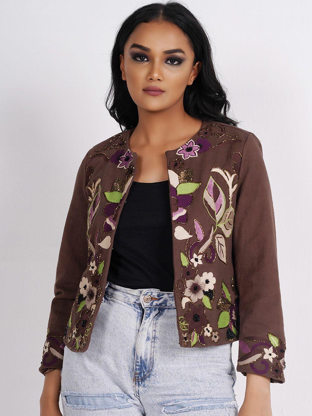 diwaah floral open front pure cotton jacket with embroidered