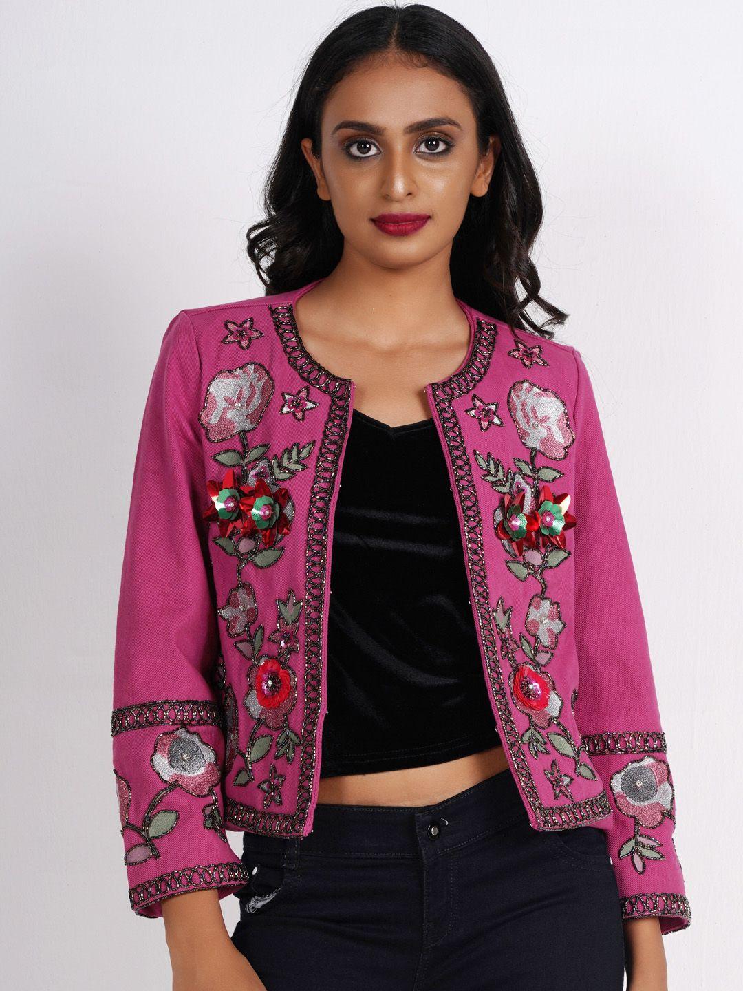 diwaah floral open front pure cotton jacket with embroidered