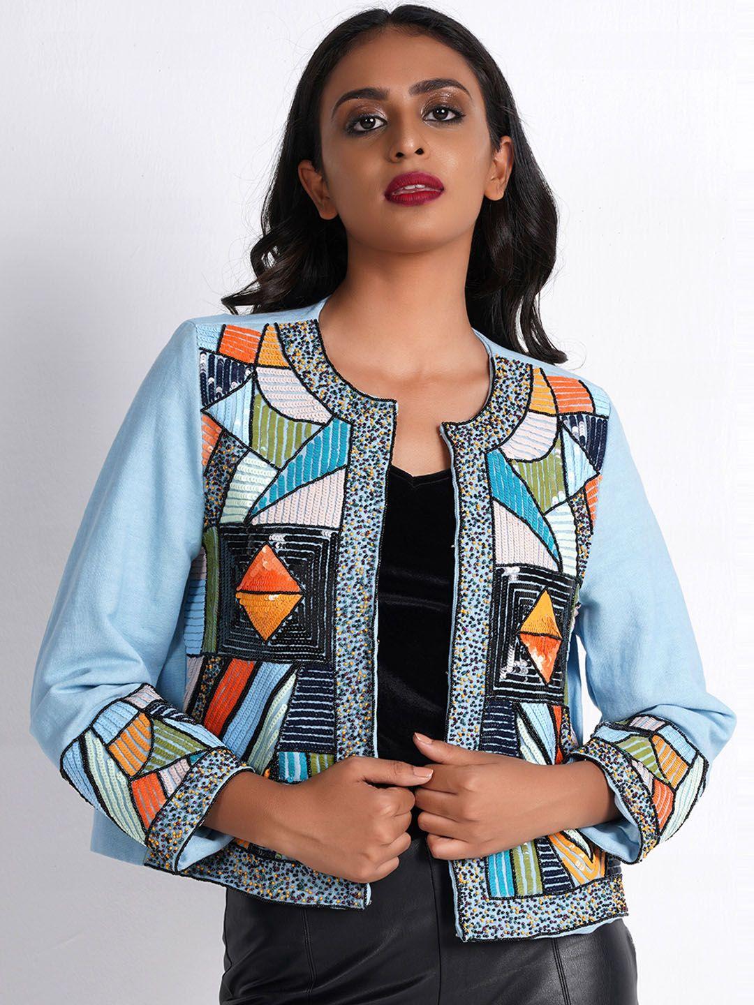 diwaah geometric open front pure cotton jacket with embroidered