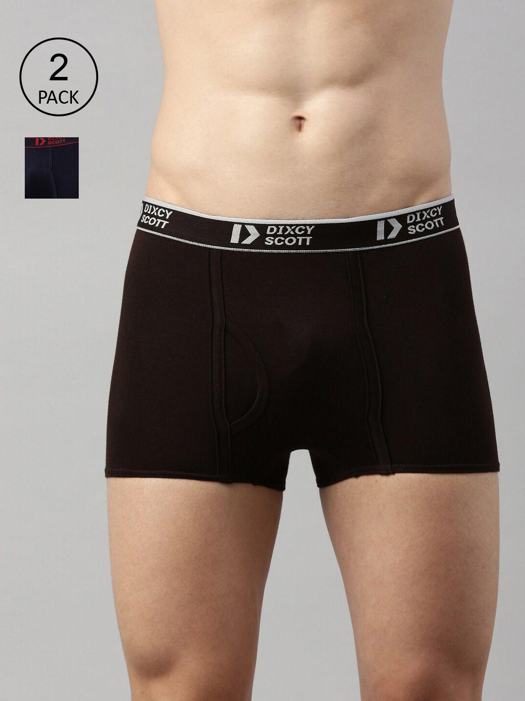 dixcy scott men pack of 2 coffee brown & navy blue solid pure cotton snug fit trunks