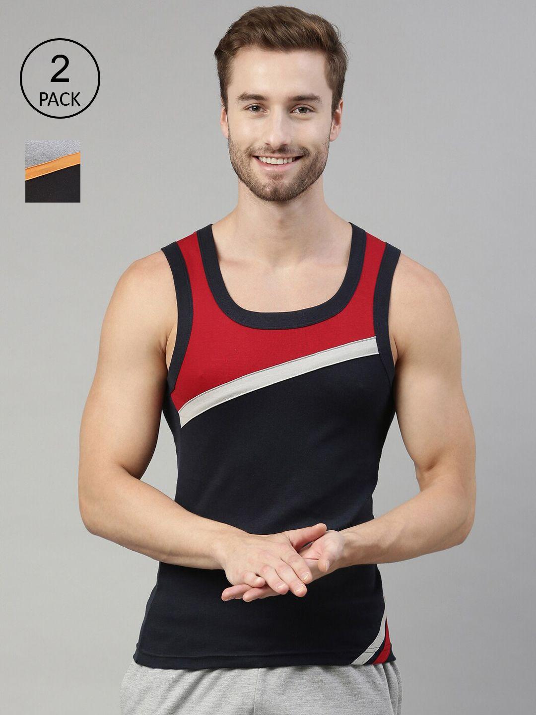 dixcy scott men pack of 2 red & black colourblocked pure cotton innerwear vests