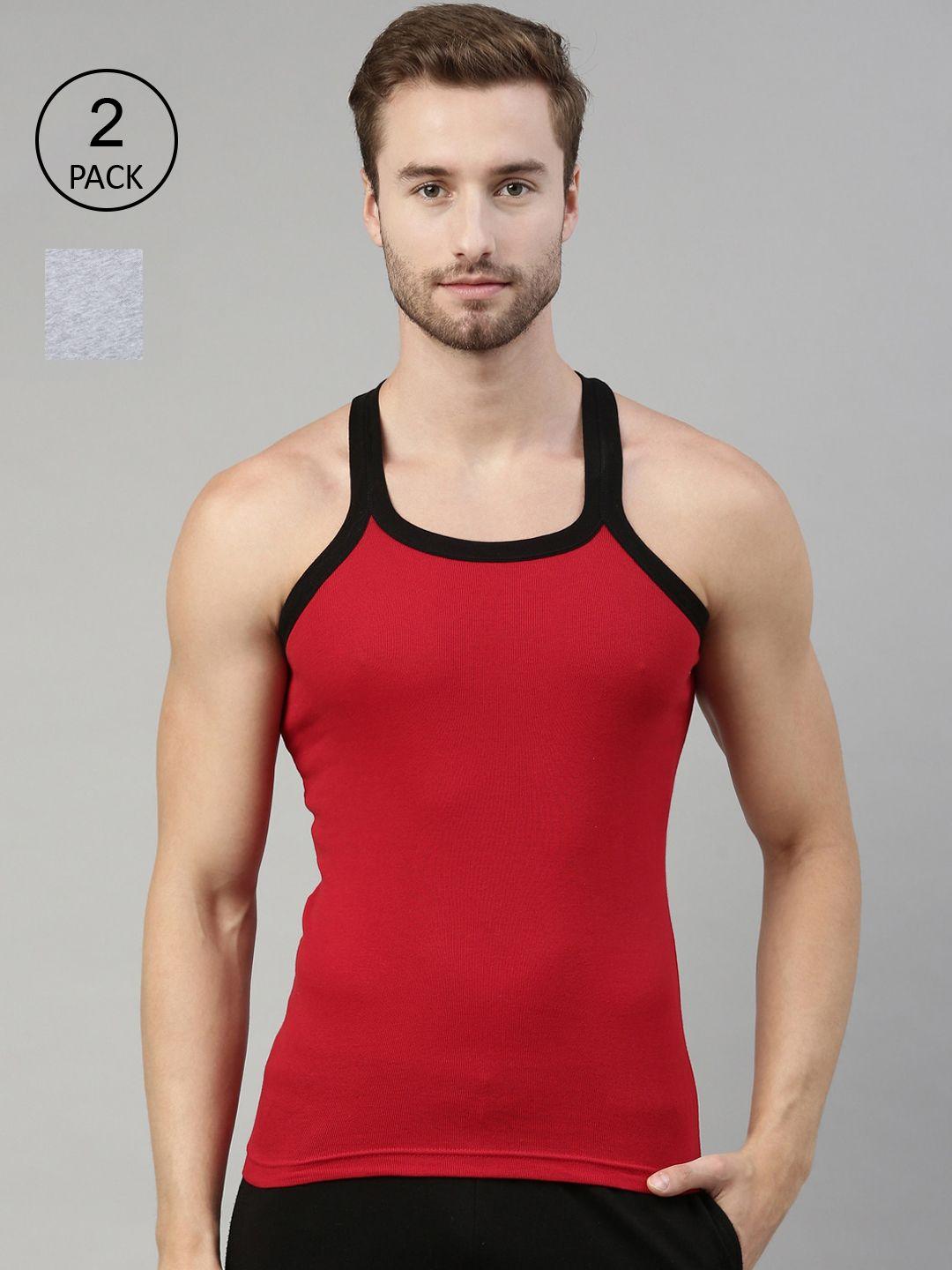 dixcy scott men red & grey melange pack of 2 solid innerwear gym vests