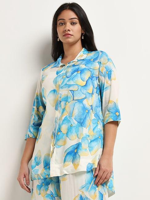 diza by westside blue floral design high-low tunic