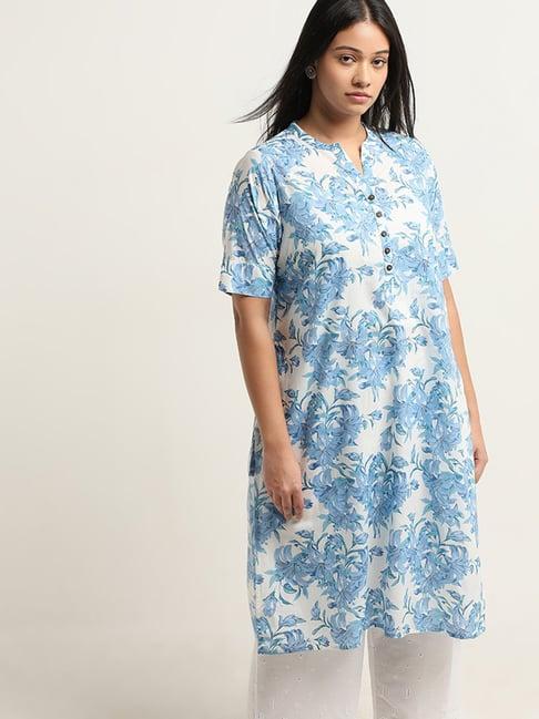 diza by westside blue floral printed straight kurta