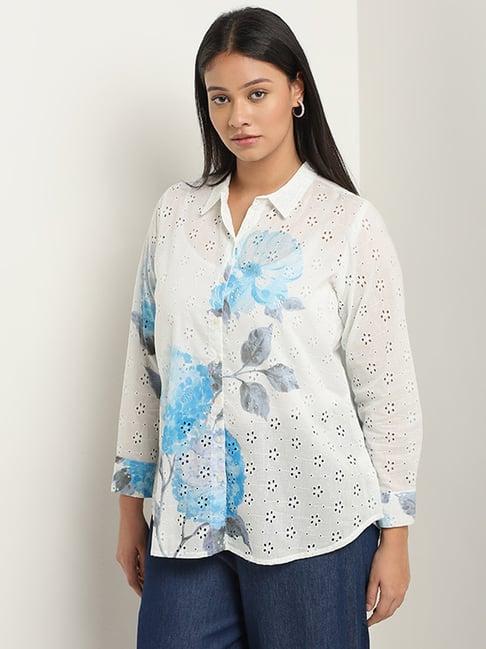 diza by westside blue floral schiffli design straight cotton tunic