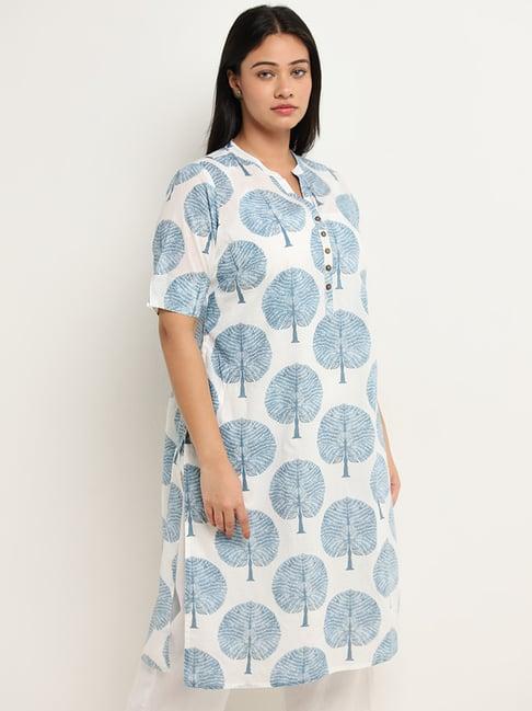 diza by westside blue foliage printed straight cotton kurta