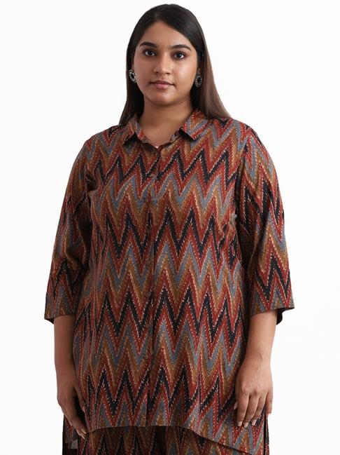 diza by westside brown chevron printed high-low shirt