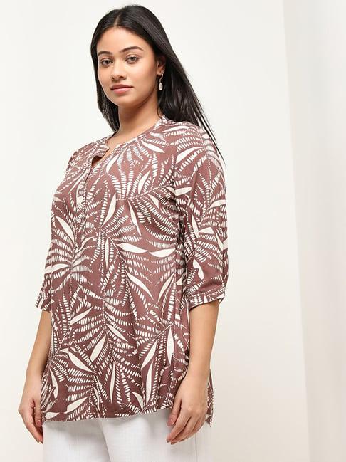 diza by westside dark brown leaf printed straight kurti