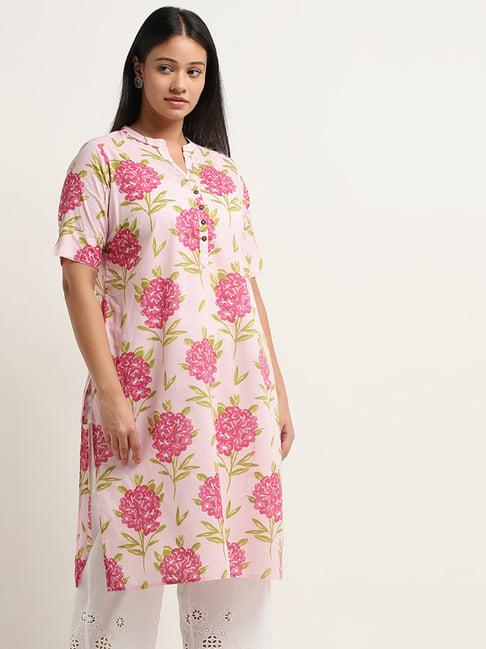 diza by westside pink floral printed straight cotton kurta