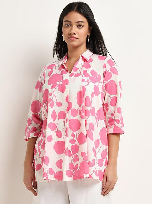 diza by westside pink foliage printed straight cotton kurti