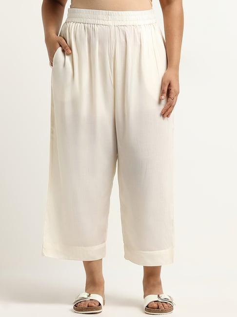 diza by westside solid off-white wide-leg pants