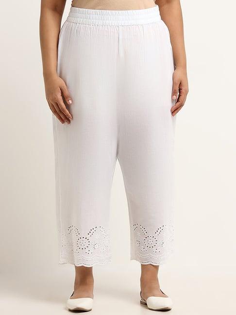 diza by westside white cotton mid-rise straight fit schiffli pants