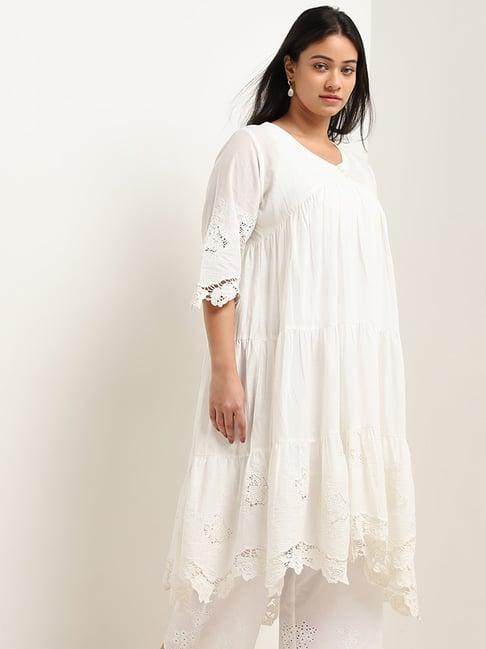 diza by westside white floral embroidered fit-and-flare cotton kurta