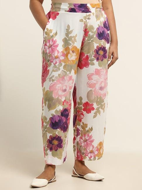 diza by westside white floral printed straight pants