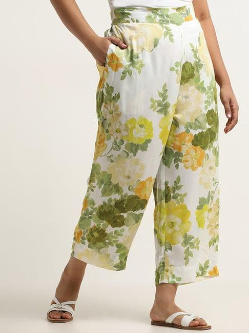 diza by westside yellow floral printed mid rise ethnic pants