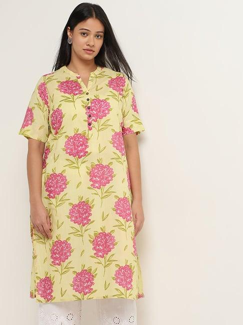 diza by westside yellow floral printed straight cotton kurta