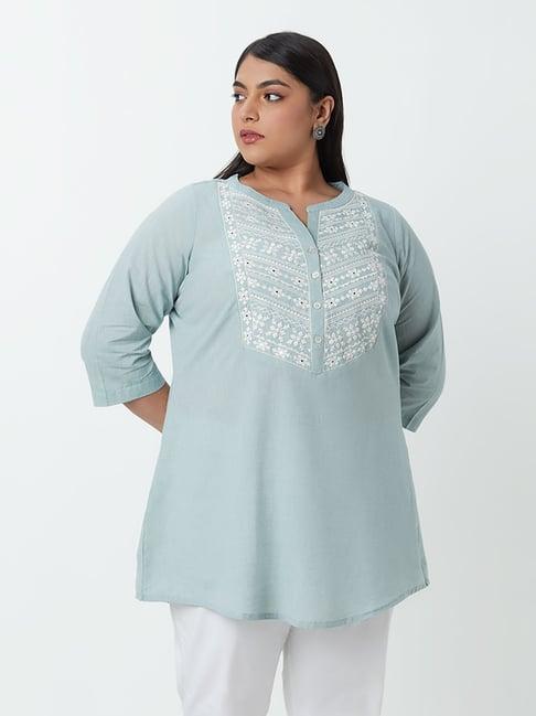 diza curves by westside light teal embroidered straight kurti