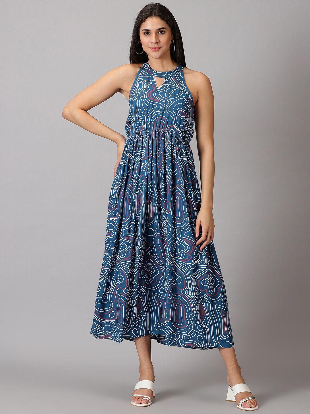 dk fab abstract printed halter neck cut-out & gathered liva fit & flare dress