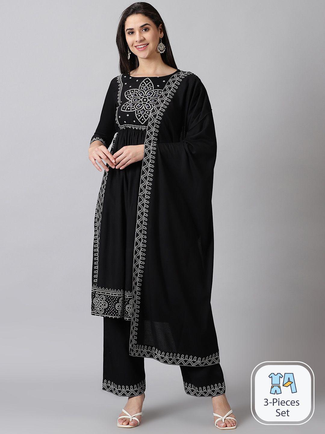 dk fab bandhani printed pleated a-line kurta with palazzos & dupatta