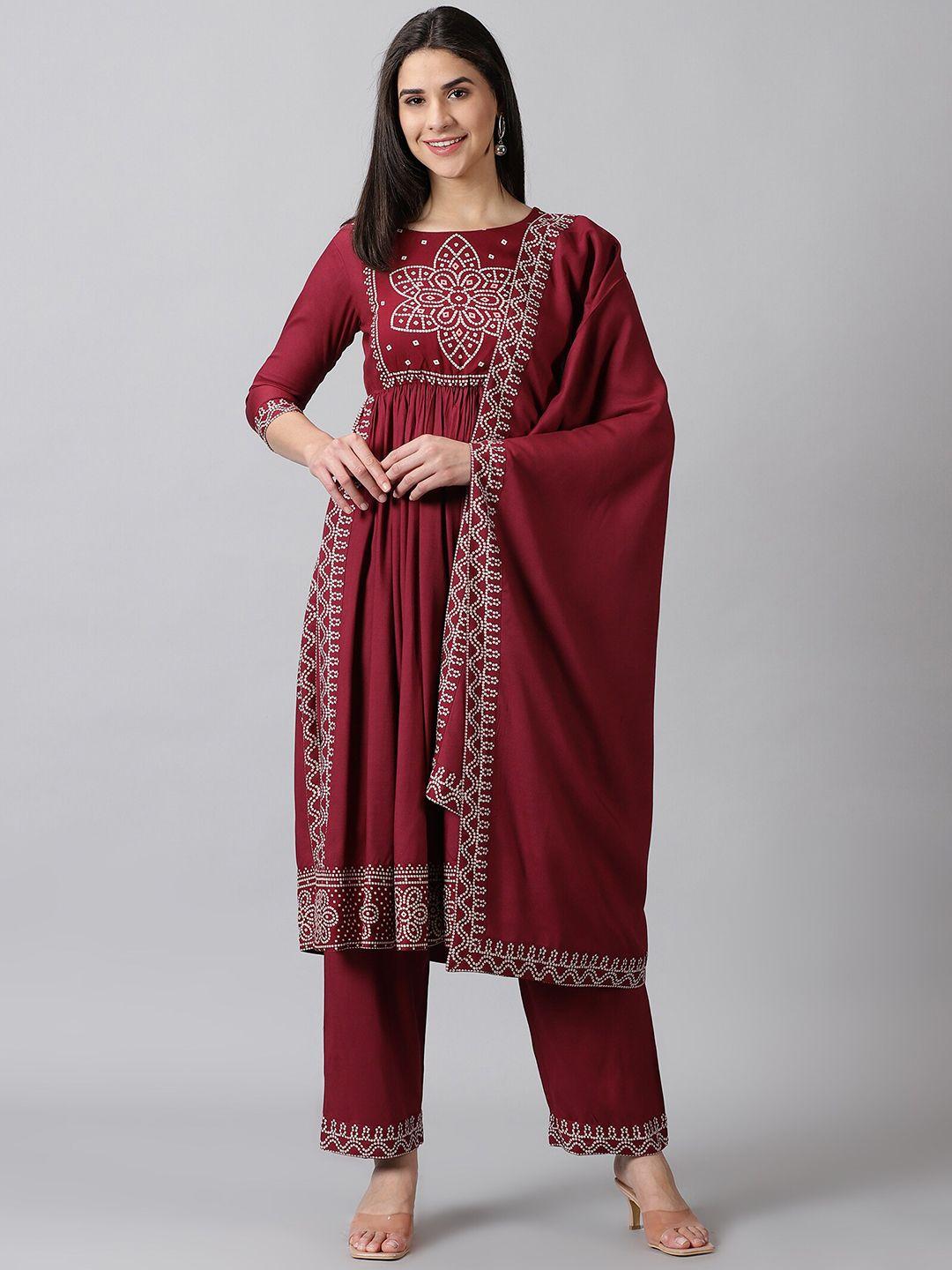 dk fab bandhani printed pleated a-line kurta with palazzos & dupatta