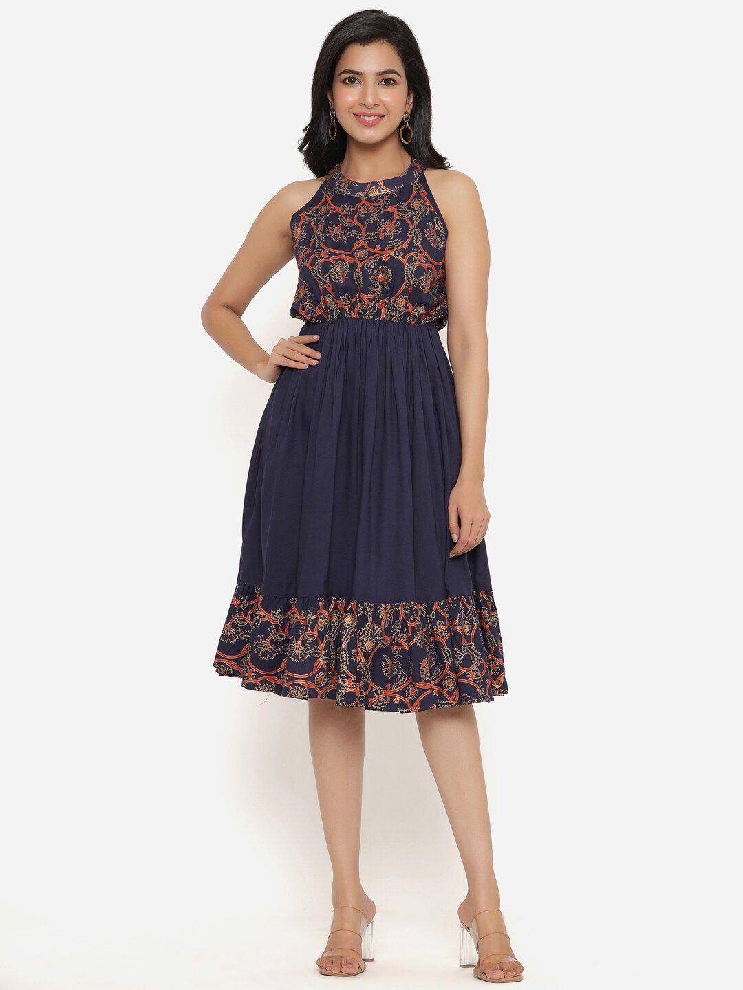 dk fab blue ethnic motifs print fit & flare dress