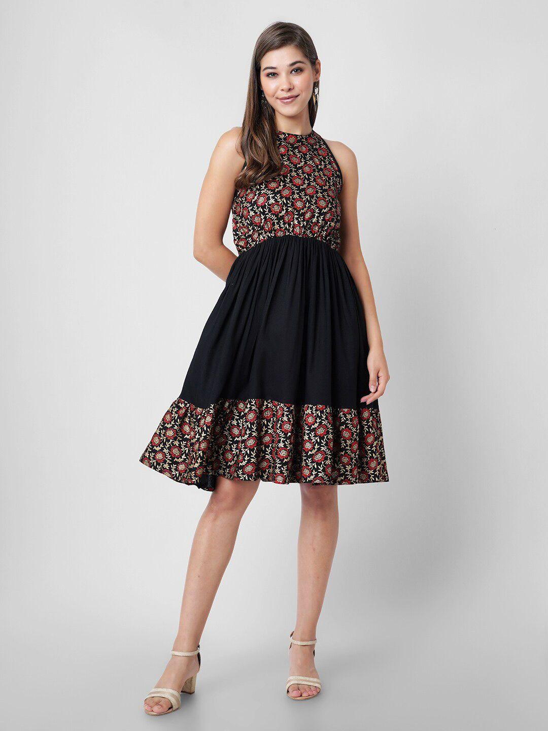 dk fab floral printed halter neck fit & flare dress