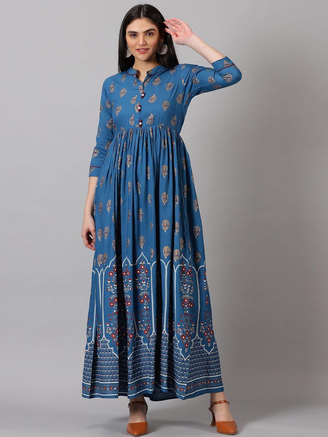 dk fab women turquoise blue ethnic motifs yoke design sequinned asymmetric anarkali kurta