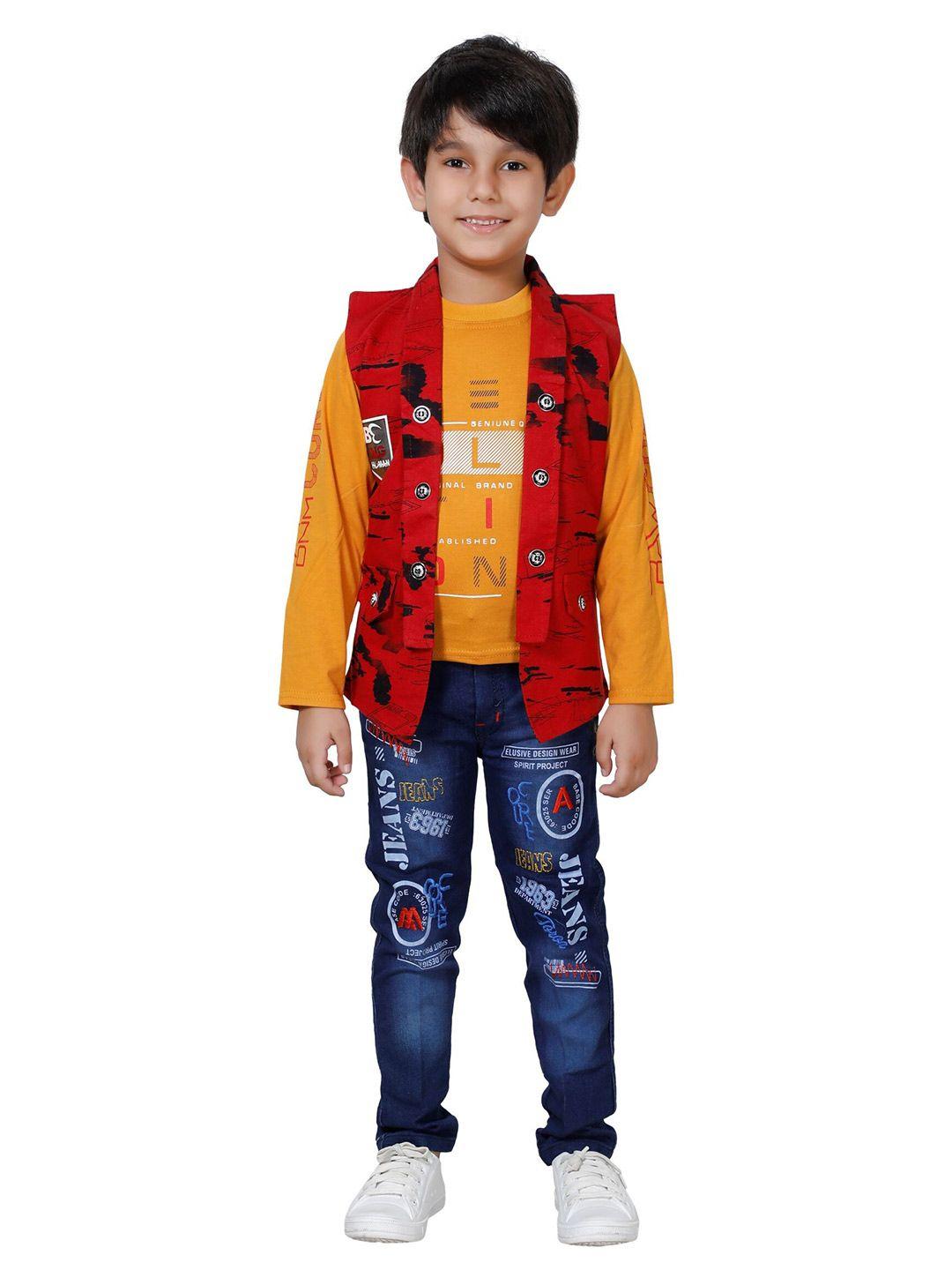 dkgf fashion boys maroon & yellow printed 3-piece suit
