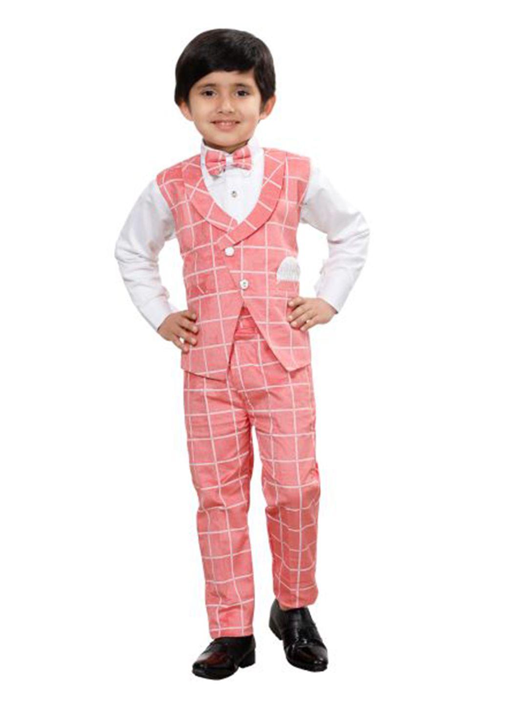 dkgf fashion boys pink & white solid shirt with checked trousers and checked waist coat
