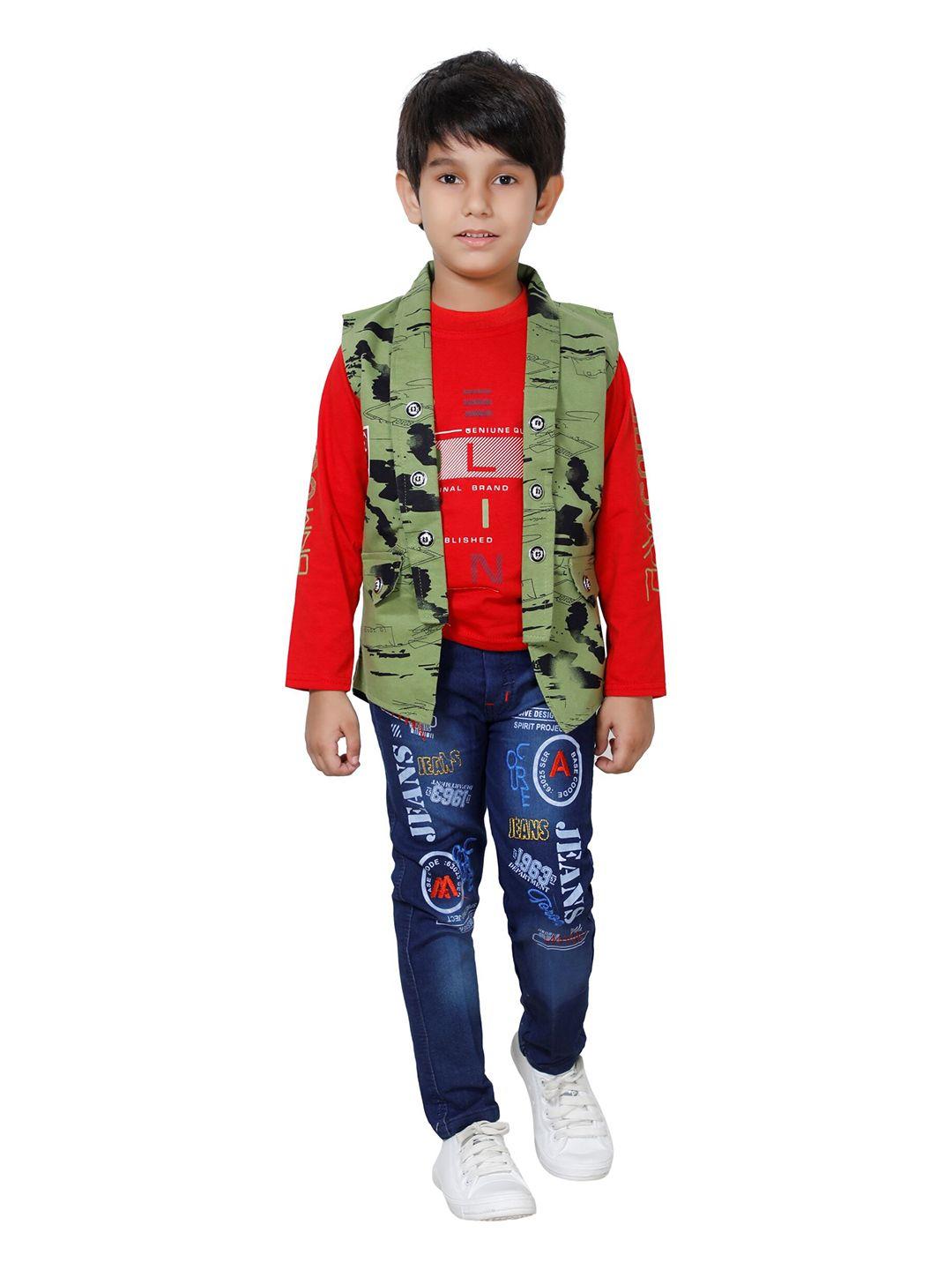 dkgf fashion boys red & olive green printed t-shirt with trousers