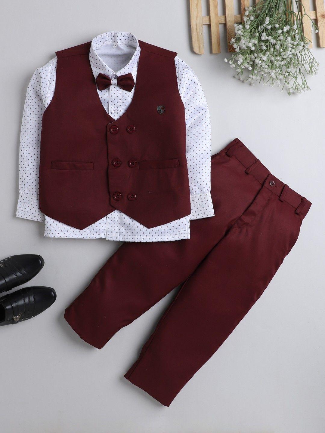 dkgf fashion boys maroon & white printed shirt with trousers