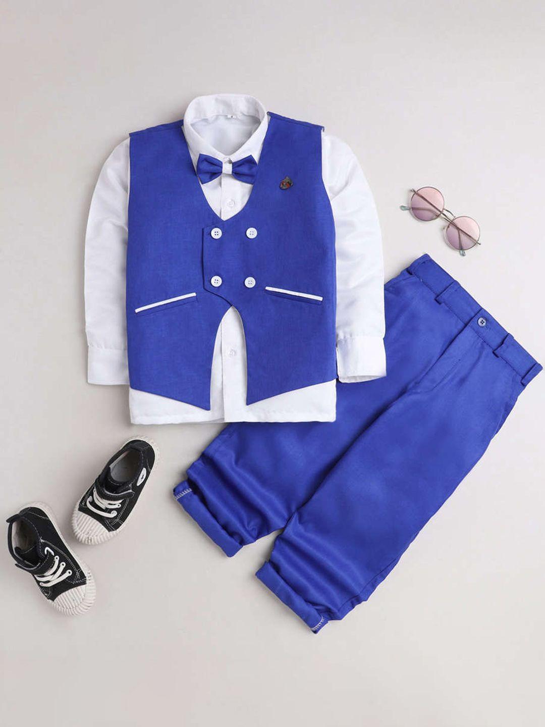 dkgf fashion boys navy blue & white solid 3 piece cotton blend suit