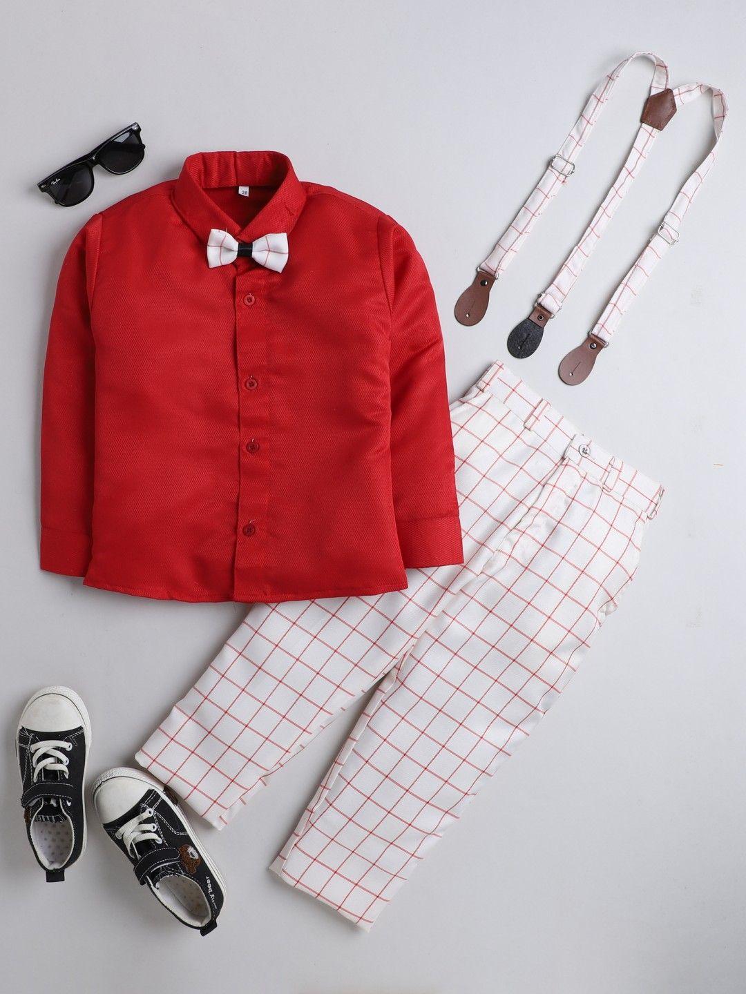 dkgf fashion boys red & white shirt with trousers with suspenders