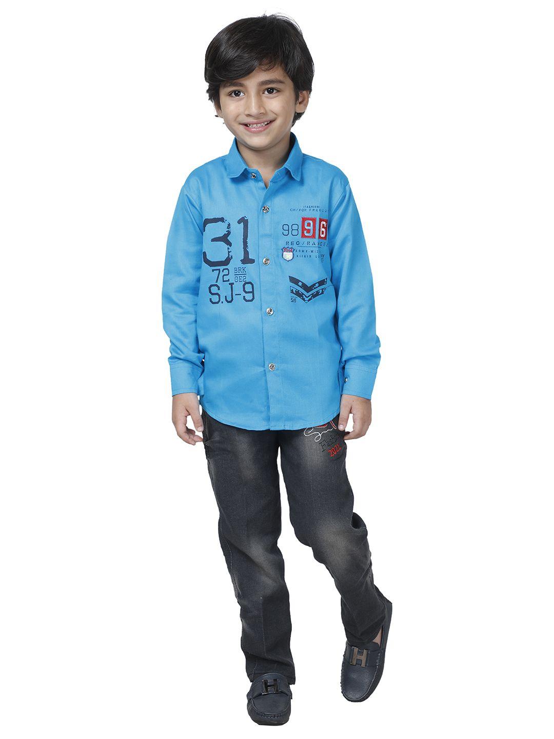 dkgf fashion boys turquoise blue & black printed shirt with trousers