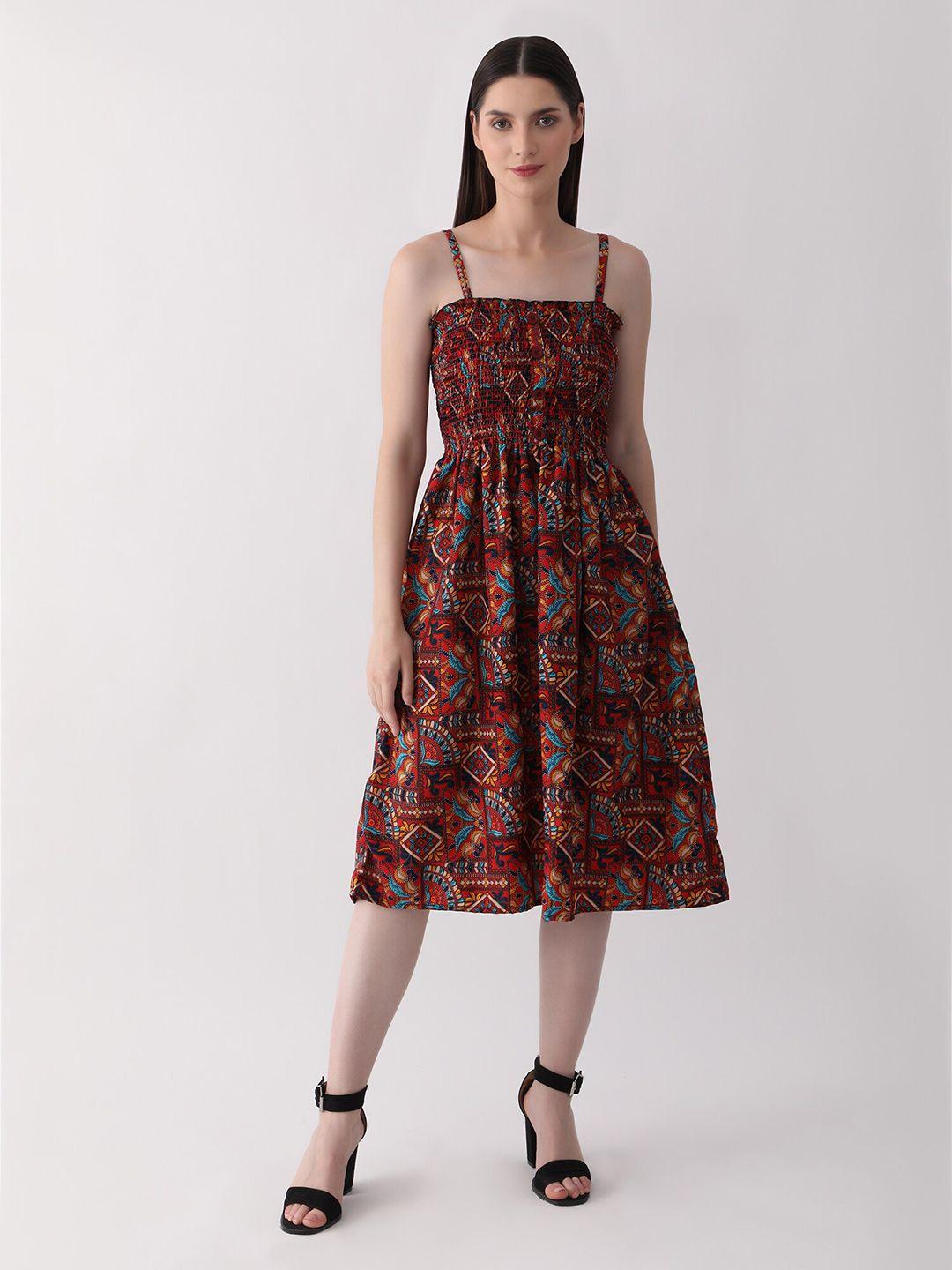dkgf fashion maroon floral print crepe fit & flare midi dress
