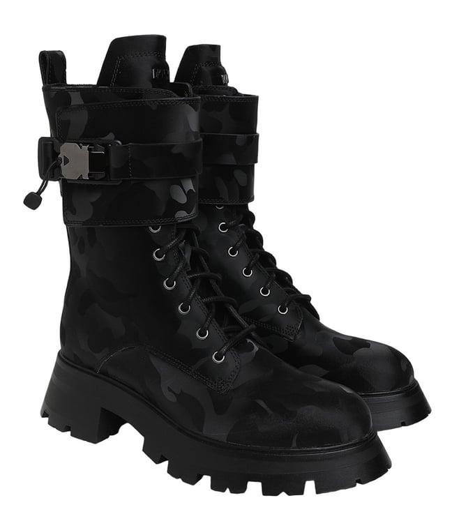 dkny black camo print ankle length boots