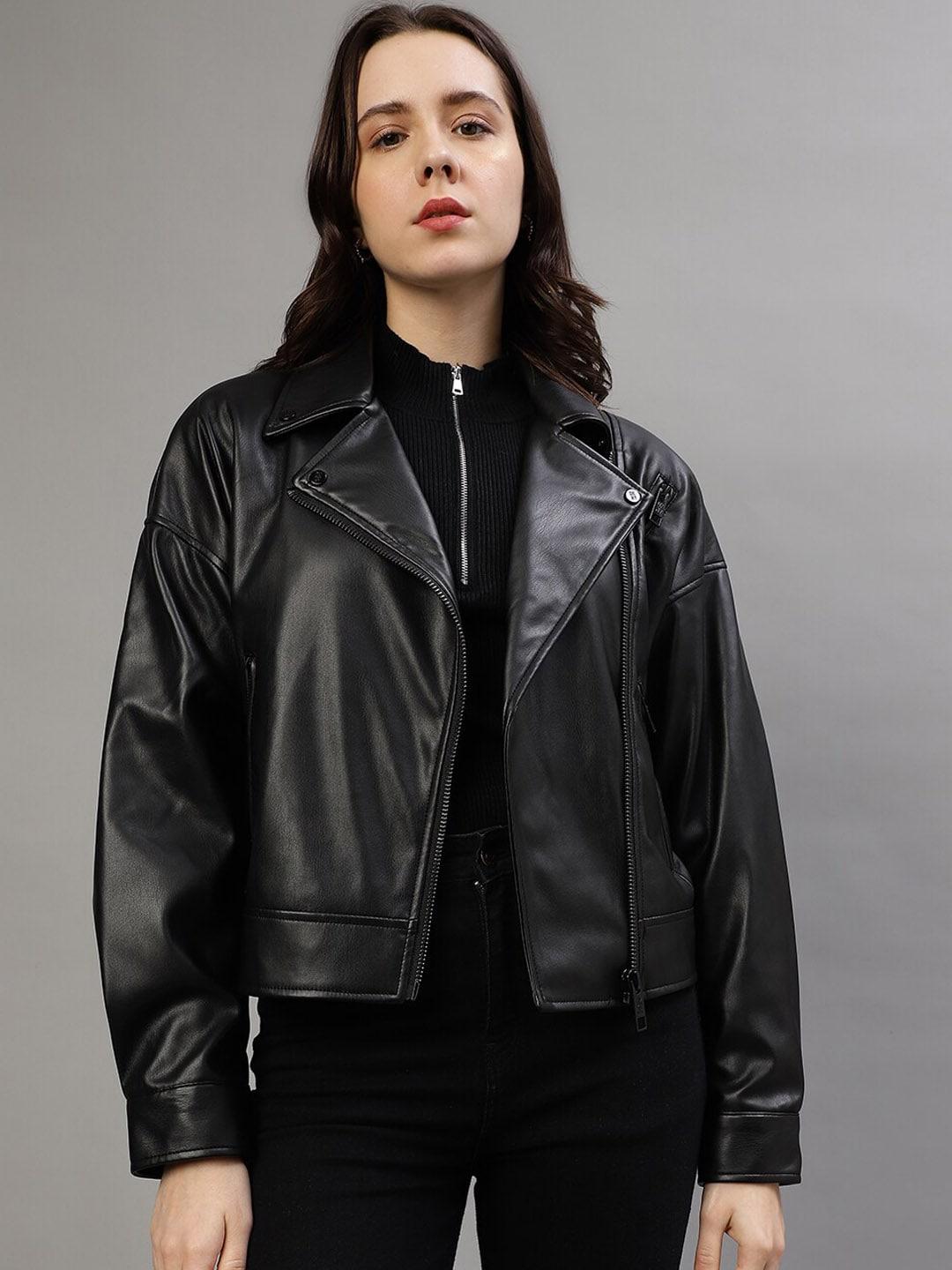 dkny lapel collar crop leather jacket