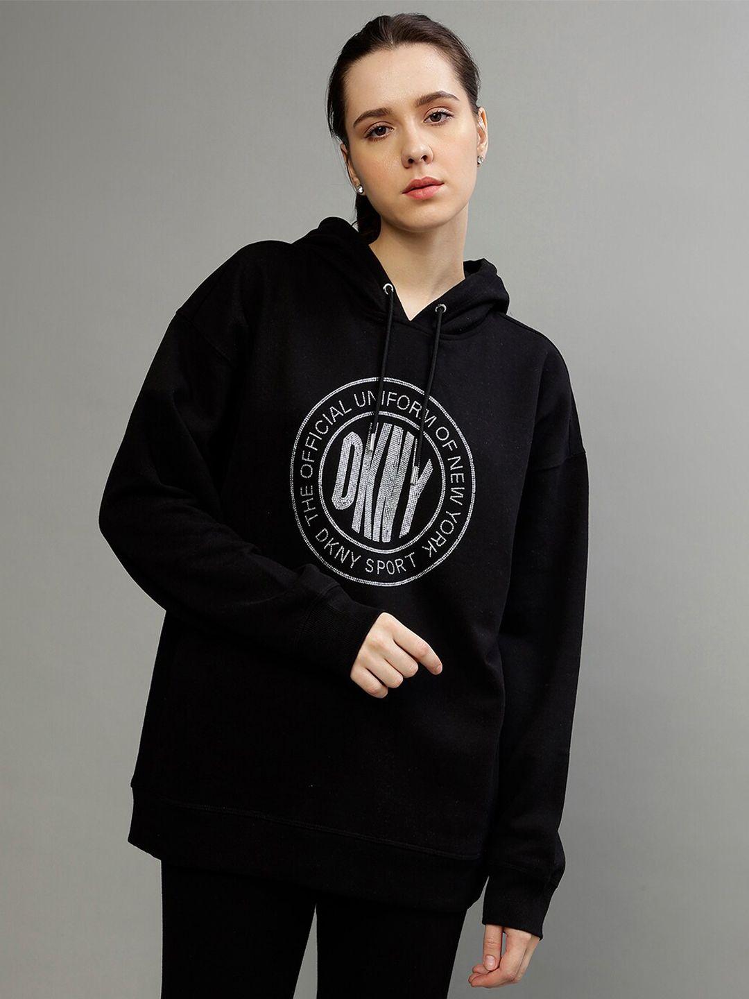 dkny printed typography printed hood pullover sweatshirt