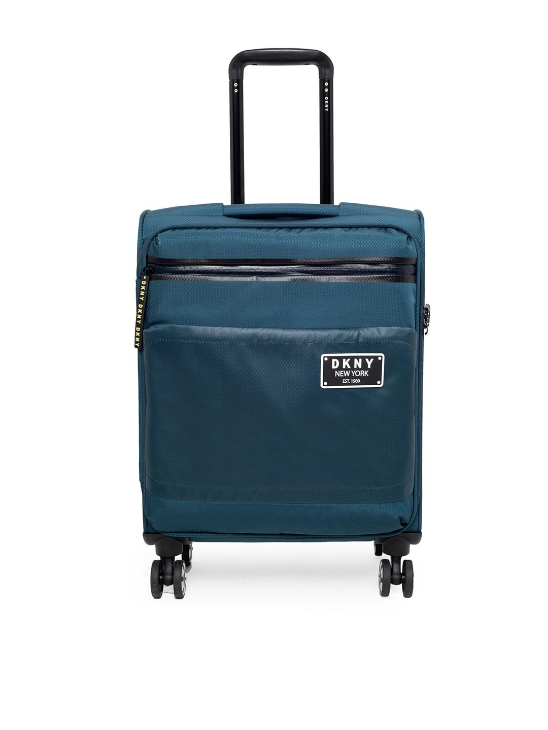 dkny teal blue solid globe trotter soft-sided cabin trolley suitcase