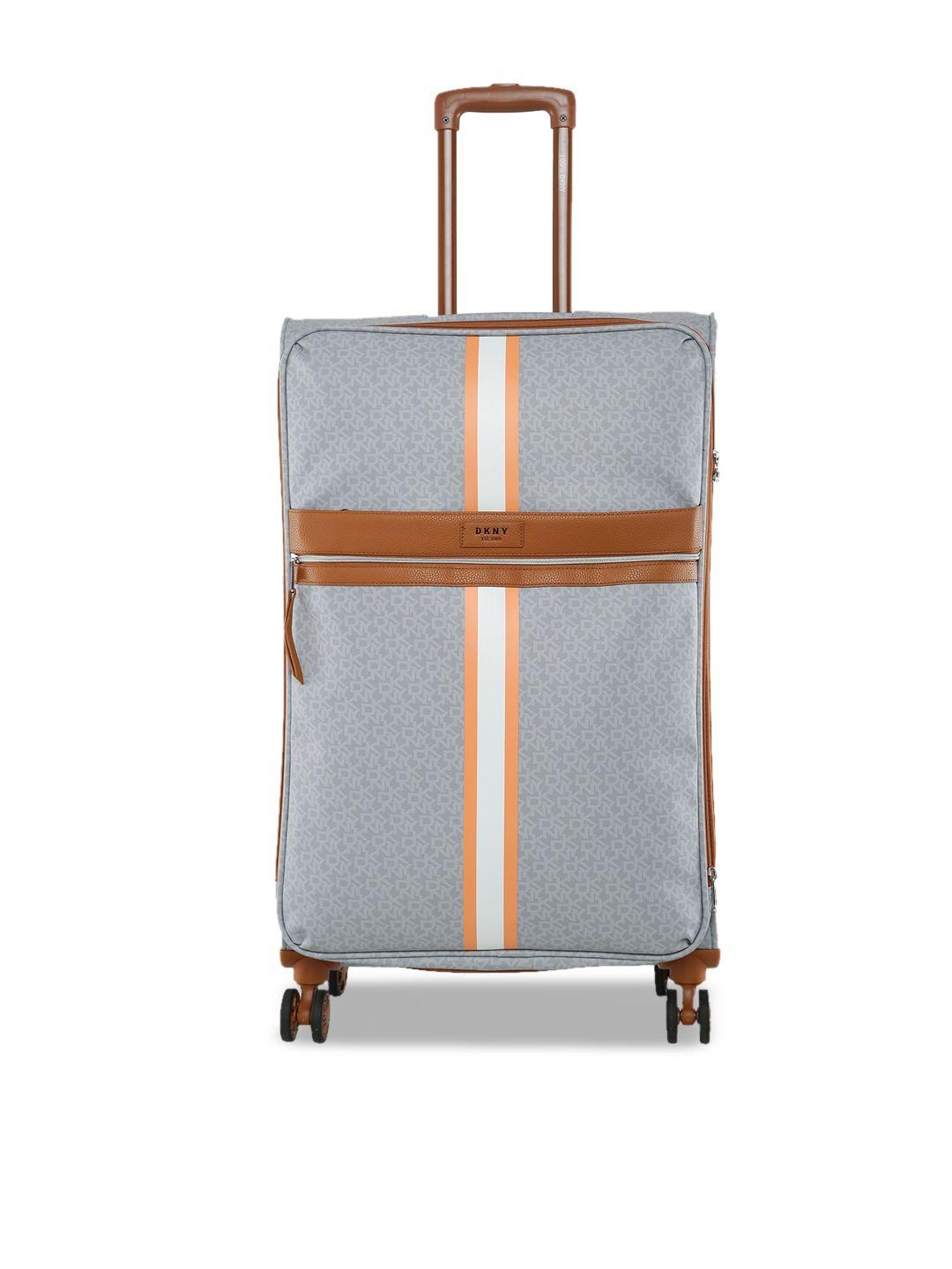 dkny unisex grey & brown printed soft case soft side polyester trolley bag