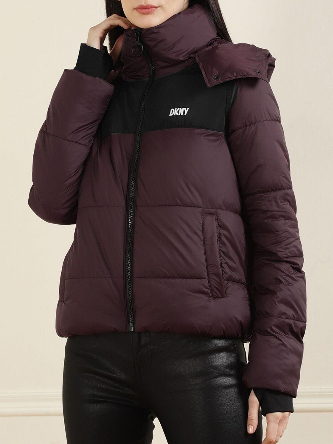 dkny women maroon colourblocked water resistant padded jacket