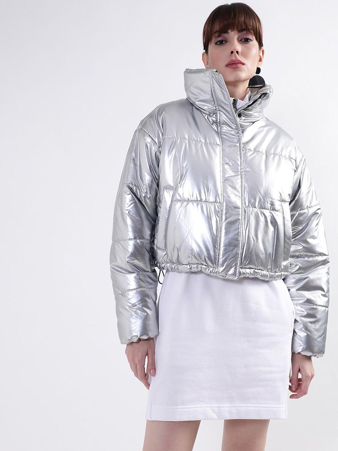 dkny women silver-toned longline puffer jacket
