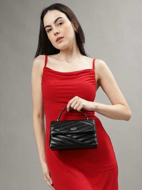 dkny black leather quilted satchel handbag