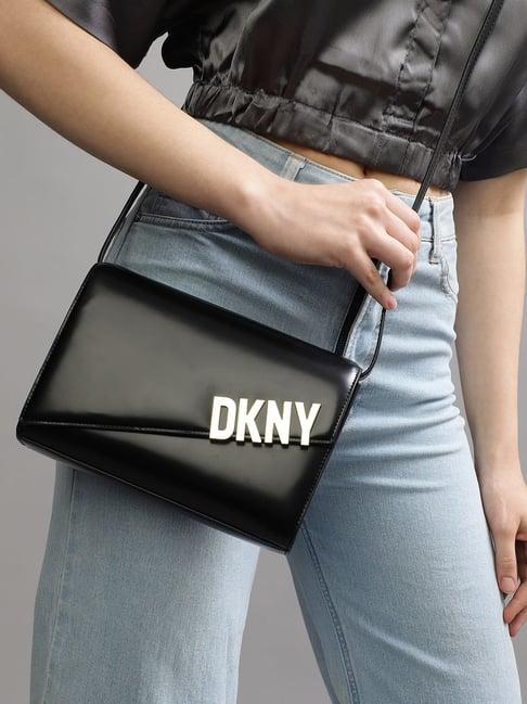 dkny black leather solid sling handbag