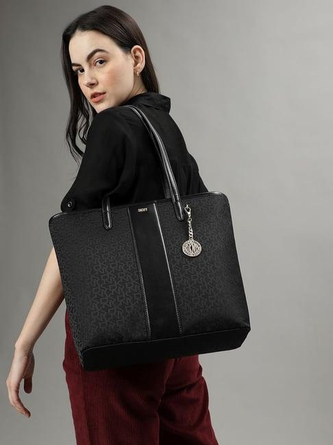 dkny black polyester printed tote handbag