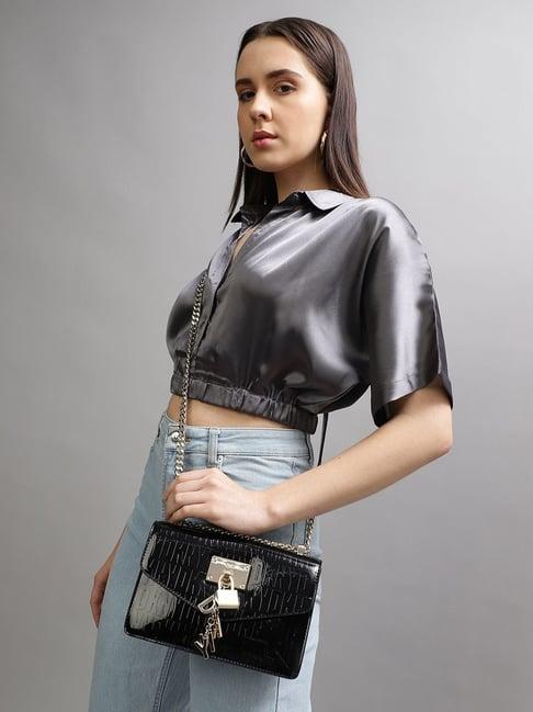 dkny black pu textured sling handbag