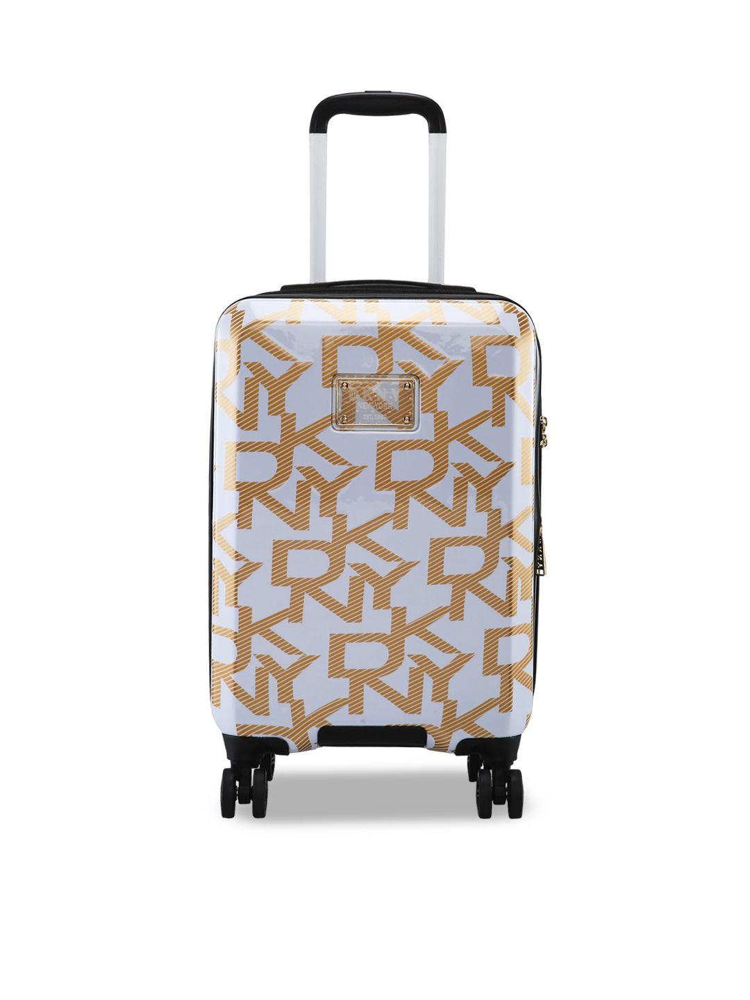 dkny deco signature white & gold printed hard-sided cabin trolley suitcase