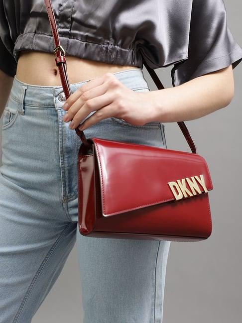 dkny red leather solid sling handbag