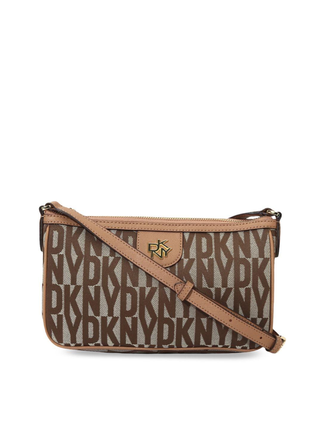 dkny typography printed jacquard with buckle details structured sling bag