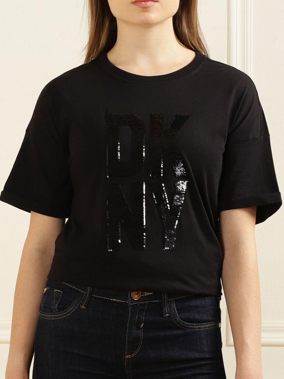 dkny women black printed pockets t-shirt